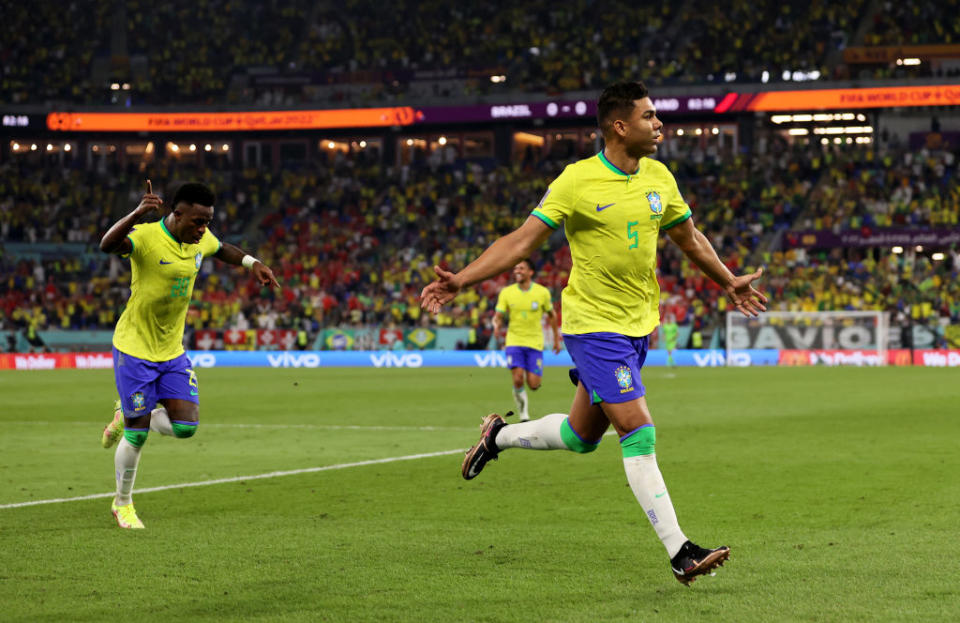 Brazilian midfielder Casemiro celebrates after scoring against Switzerland at Stadium 974 on Nov. 28, 2022.<span class="copyright">Clive Brunskill—Getty Images</span>