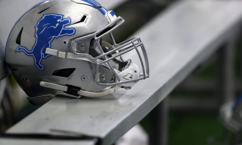 A closeup of a Detroit Lions helmet.