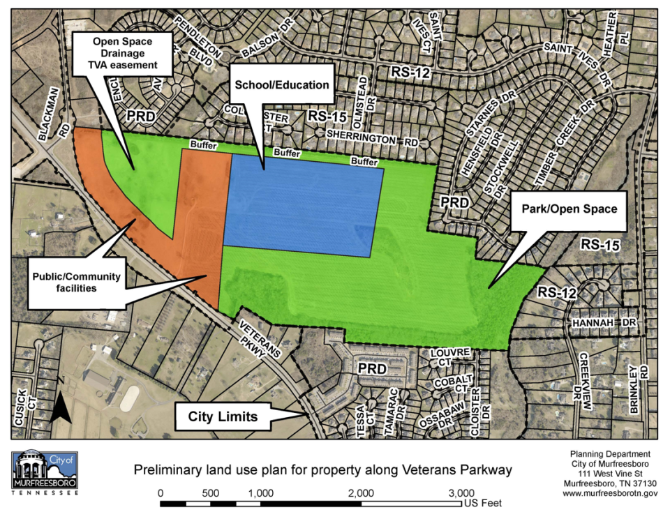 This map shows where the Murfreesboro government plans to build a Blackman Park, right in green; elementary school, blue in the middle; and public/community facilities, brown on left. The 150-acre property is on the northwest side of Veterans Parkway about a mile south of Interstate 840. City officials expect the westside park to include a "destination playground," trails and picnic pavilions.