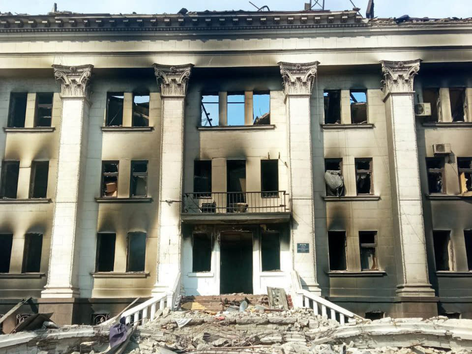 A view of destroyed theatre hall in Mariupol, Ukraine. (Photo by Ukrainian Interior Ministry/Anadolu Agency via Getty Images)