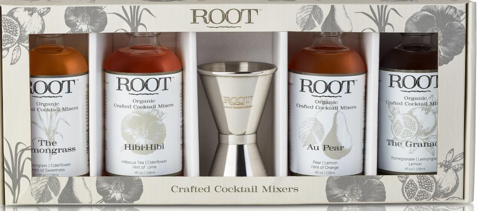 ROOT Crafted Cocktail Party Pack features The Lemongrass, Hibi-Hibi, Au Pear, The Granada and an engraved ROOT jigger. The company was started by two Westchester natives.