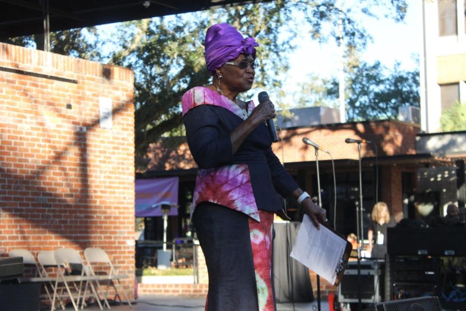 Lizzie Robinson Jenkins, co-founder of The Real Rosewood Foundation, speaks during the Rosewood Massacre centennial event held Saturday at the Bo Diddley Downtown Community Plaza in Gainesville.
(Photo: Photo by Voleer Thomas/For The Guardian)