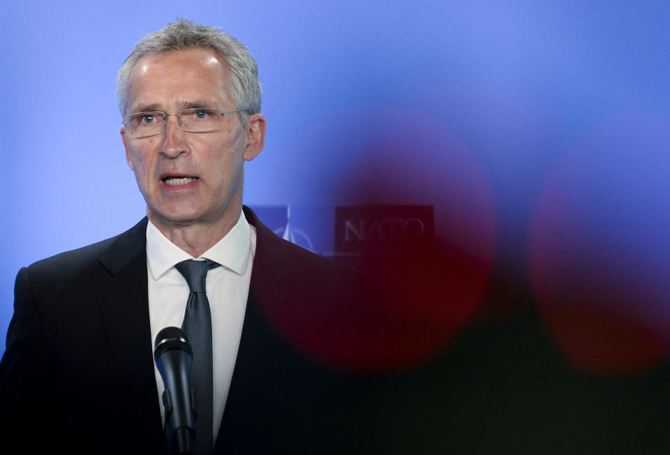 NATO Secretary General Jens Stoltenberg speaks during a media conference at NATO headquarters in Brussels, Wednesday, April 14, 2021. United States Secretary of State Antony Blinken is in Brussels on Wednesday for talks with European and NATO allies about Afghanistan, Ukraine and other matters. (Johanna Geron, Pool via AP)