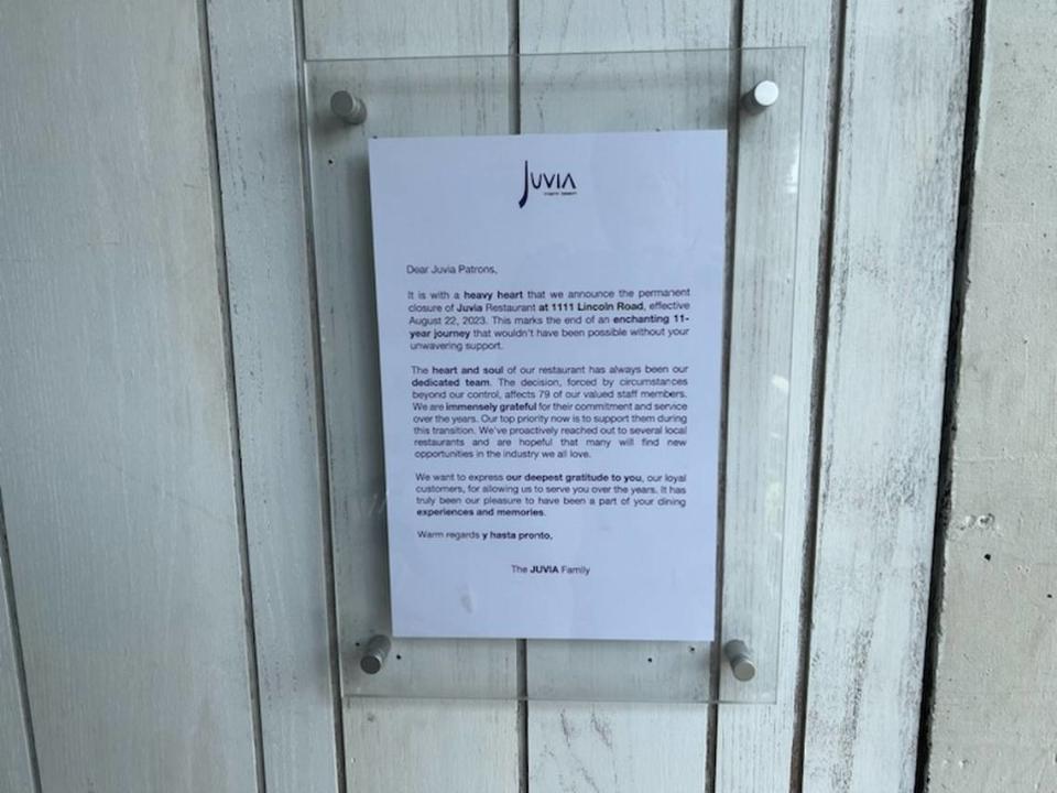 Juvia announced its closing in a note at its first floor entrance at 1111 Lincoln Road.