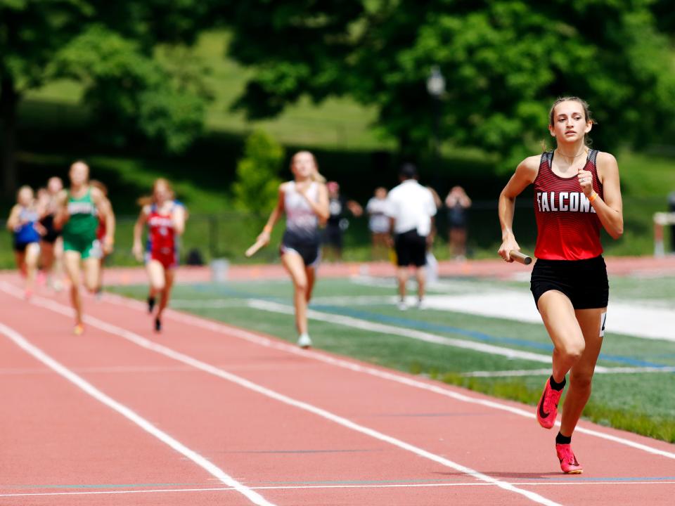 Averey Cottrill outruns the competition down the final 100 meters of the 4x400 relay at the Division II regional track and field meet on Saturday at McConagha Stadium in New Concord. The Falcons finished in first place as they finished runner-up to champion John Glenn. The top four finishers in each event advanced to the state meet on June 2-3 at Ohio State's Jesse Owens Memorial Stadium in Columbus.