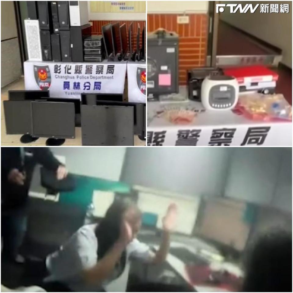 警方攻破南韓男子為首的博弈洗錢集團時，一名女共犯嚇得舉高雙手。（圖／警方提供）