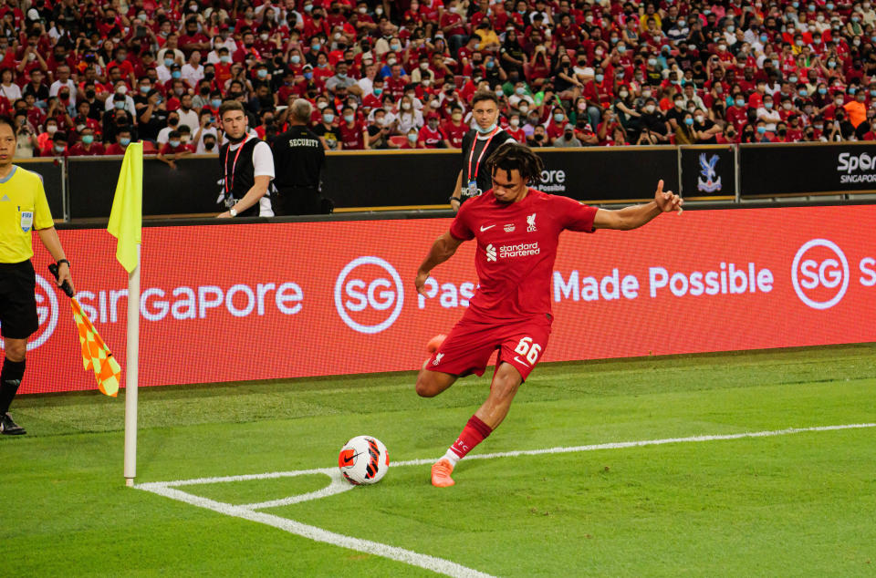 Liverpool's Trent Alexander-Arnold takes a corner in the Standard Chartered Singapore Trophy pre-season match against Crystal Palace. (PHOTO: Jay Chan/Yahoo News Singapore)
