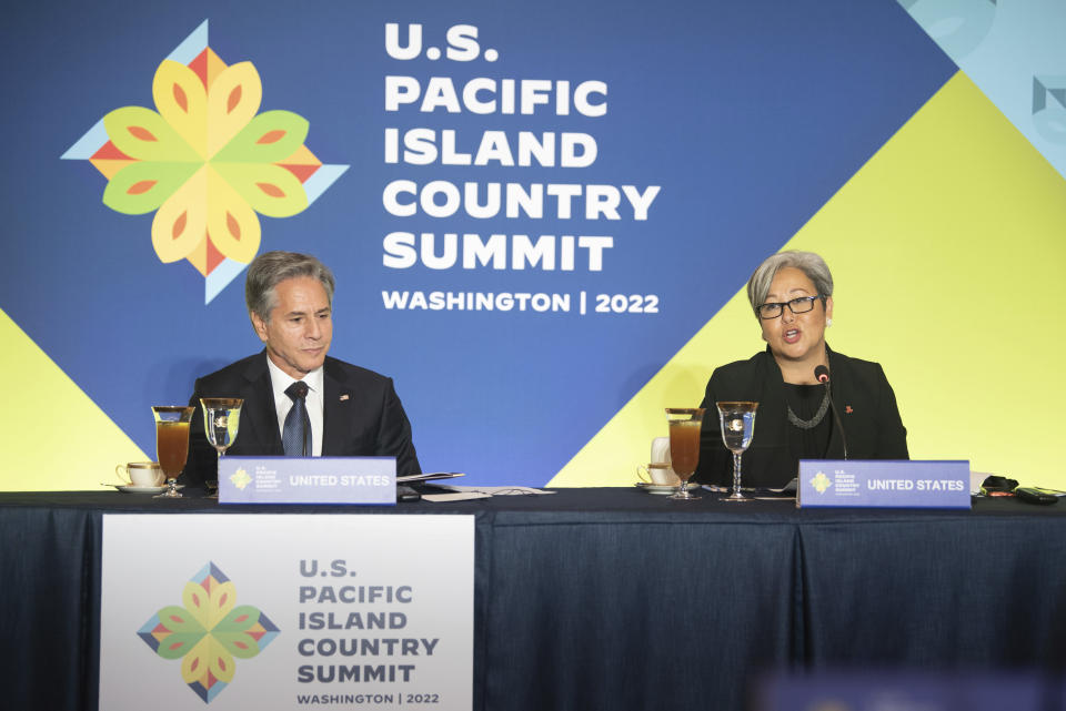 East-West Center President Suzanne Puanani Vares-Lum, left, speaks at the U.S.-Pacific Island Country Summit with Secretary of State Antony Blinken at the State Department in Washington on Wednesday, Sept. 28, 2022. (AP Photo/Kevin Wolf)