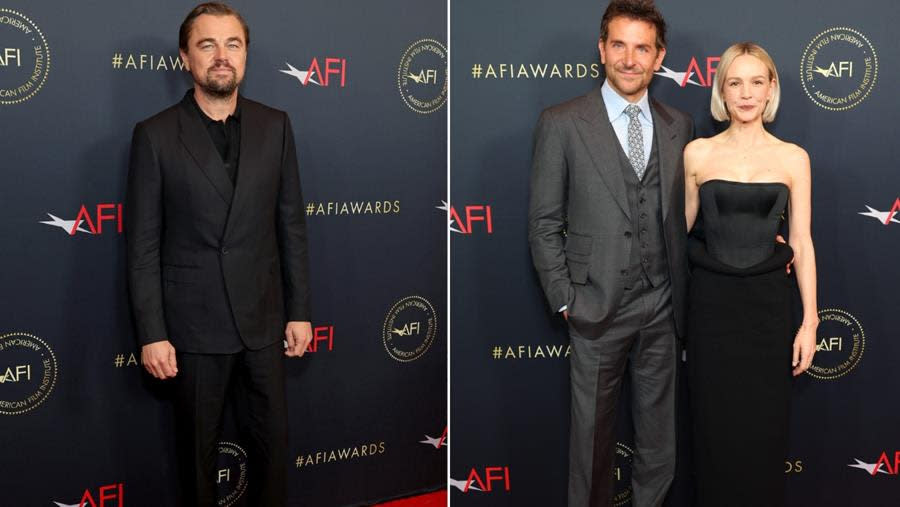 (Left to Right) Leonardo DiCaprio, Bradley Cooper and Carey Mulligan all attend the 2024 AFI Awards Luncheon sponsored by Fiji Water at Four Seasons Hotel Los Angeles at Beverly Hills. (Monica Schipper/Getty Images)