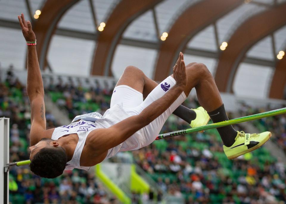 Kansas State’s Tejaswin Shankar clears the bar in the men’s high jump on the third day of the NCAA Outdoor Track & Field Championships Friday, June 10, 2022 at Hayward Field in Eugene, Ore. 