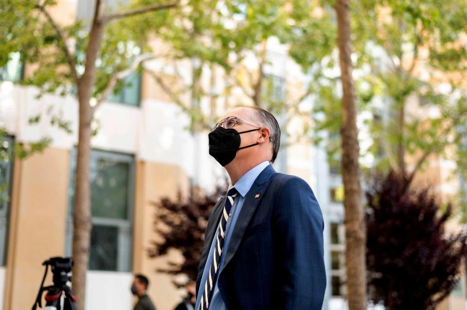 Epic Games CEO Tim Sweeney enters the Ronald V. Dellums building in Oakland, Calif., to attend his company’s federal court case against Apple on Monday, May 3, 2021. Epic, maker of the video game Fortnite, charges that Apple has transformed its App Store into an illegal monopoly.