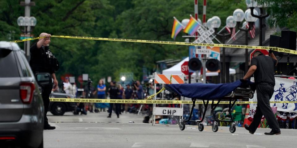 A stretcher is seen after a mass shooting at the Highland Park Fourth of July parade in downtown Highland Park, Ill.