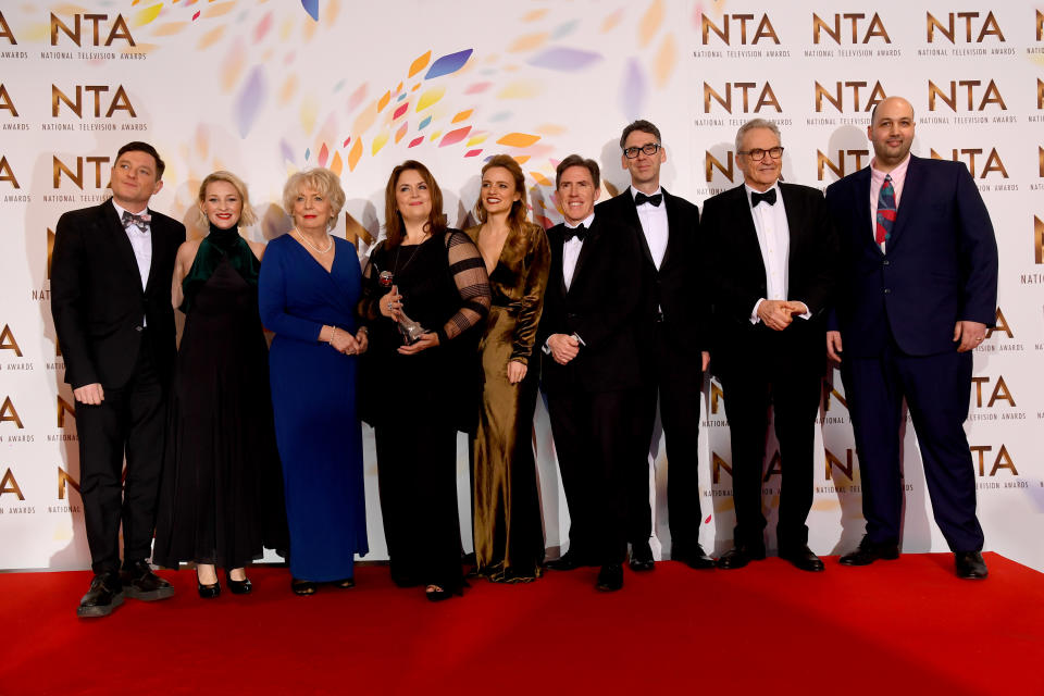 Mathew Horne, Joanna Page, Alison Steadman, Ruth Jones, Laura Aikman, Rob Brydon, Robert Wilfort, Larry Lamb and guest, accepting the Impact Award for "Gavin and Stacey, Christmas Special", pose at the National Television Awards 2020 at The O2 Arena on January 28, 2020 in London, England. (Photo by Dave J Hogan/Getty Images)