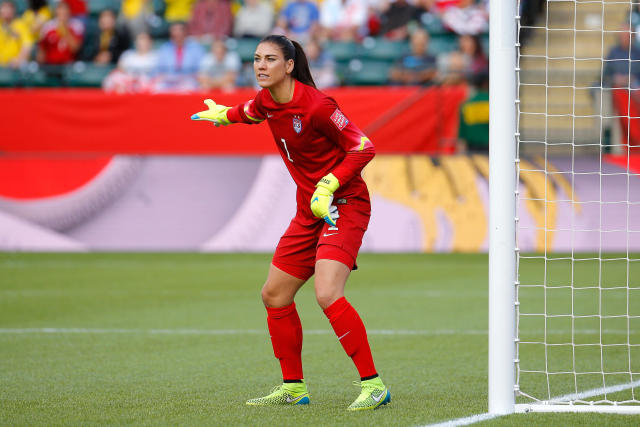 EDMONTON, AB - JUNE 22:  Goalkeeper Hope Solo #1 of the United States looks on in the second half against Colombia in the FIFA Women's World Cup 2015 Round of 16 match at Commonwealth Stadium on June 22, 2015 in Edmonton, Canada.  (Photo by Kevin C. Cox/Getty Images)