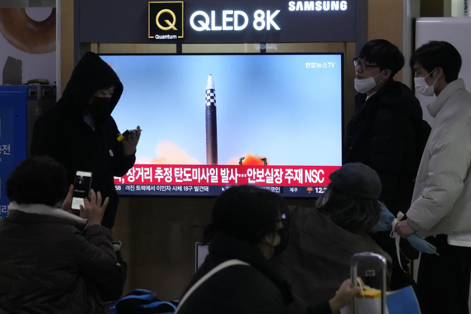 A TV screen shows a file image of North Korea's missile launch during a news program at the Seoul Railway Station in Seoul, South Korea, Saturday, Feb. 18. 2023. South Korea's military said North Korea on Saturday fired one suspected long-range missile from its capital toward the sea, a day after it threatened to take strong measures against South Korea and the U.S. over their joint military exercises. (AP Photo/Ahn Young-joon)