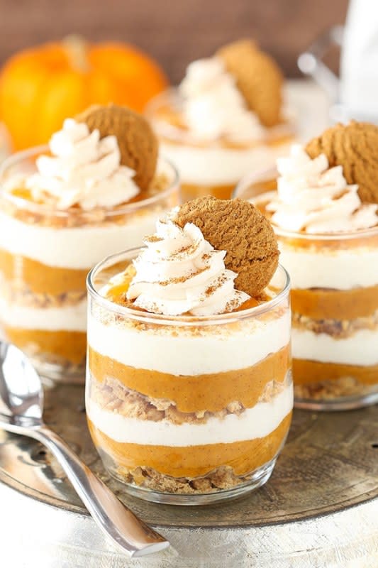 <p>Life Love and Sugar</p><p>With this easy no-bake recipe, everyone gets a mini pumpkin pie in a jar all to themselves! Enjoy layers upon layers of crunchy gingersnap cookie crust, spiced pumpkin pie filling and silky cream cheese mousse. </p><p><strong>Get the recipe: <em><a href="https://www.lifeloveandsugar.com/mini-no-bake-pumpkin-pies/" rel="nofollow noopener" target="_blank" data-ylk="slk:No Bake Mini Pumpkin Pies;elm:context_link;itc:0;sec:content-canvas" class="link ">No Bake Mini Pumpkin Pies</a></em></strong></p>