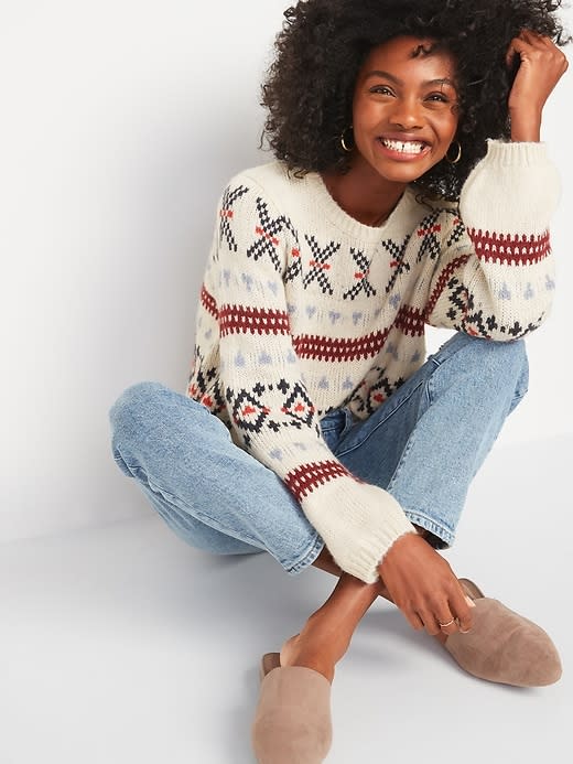 Cozy Fair Isle Blouson-Sleeve Sweater