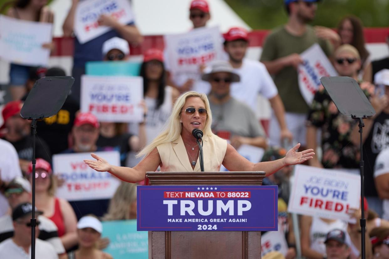 <span>Marjorie Taylor Greene speaks at a Trump rally in Las Vegas, Nevada, on Sunday.</span><span>Photograph: Allison Dinner/EPA</span>