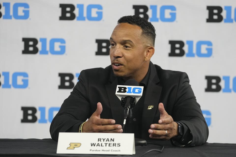 Purdue head coach Ryan Walters speaks during an NCAA college football news conference at the Big Ten Conference media days at Lucas Oil Stadium, Thursday, July 27, 2023, in Indianapolis. (AP Photo/Darron Cummings)