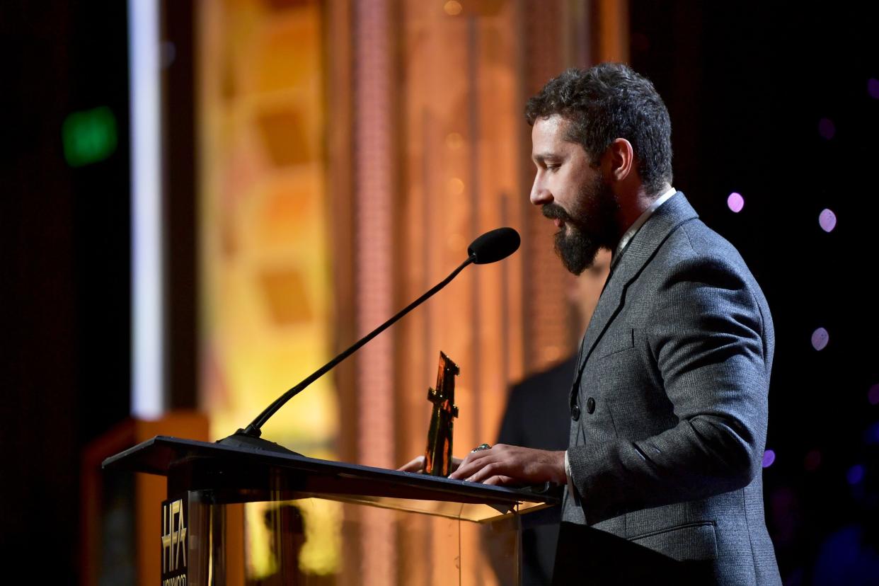 Shia LaBeouf accepts the Hollywood Breakthrough Screenwriter Award onstage during the 23rd Annual Hollywood Film Awards at The Beverly Hilton Hotel on November 03, 2019 in Beverly Hills, California.