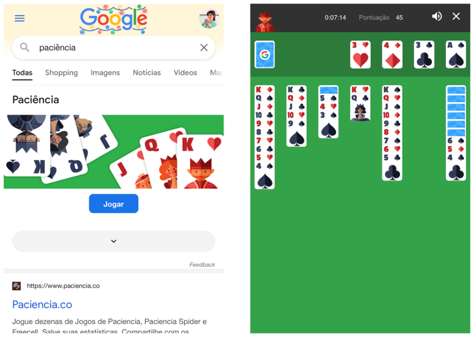 Você pode jogar Paciência diretamente pelo Google (Captura de tela: Canaltech/Felipe Freitas)