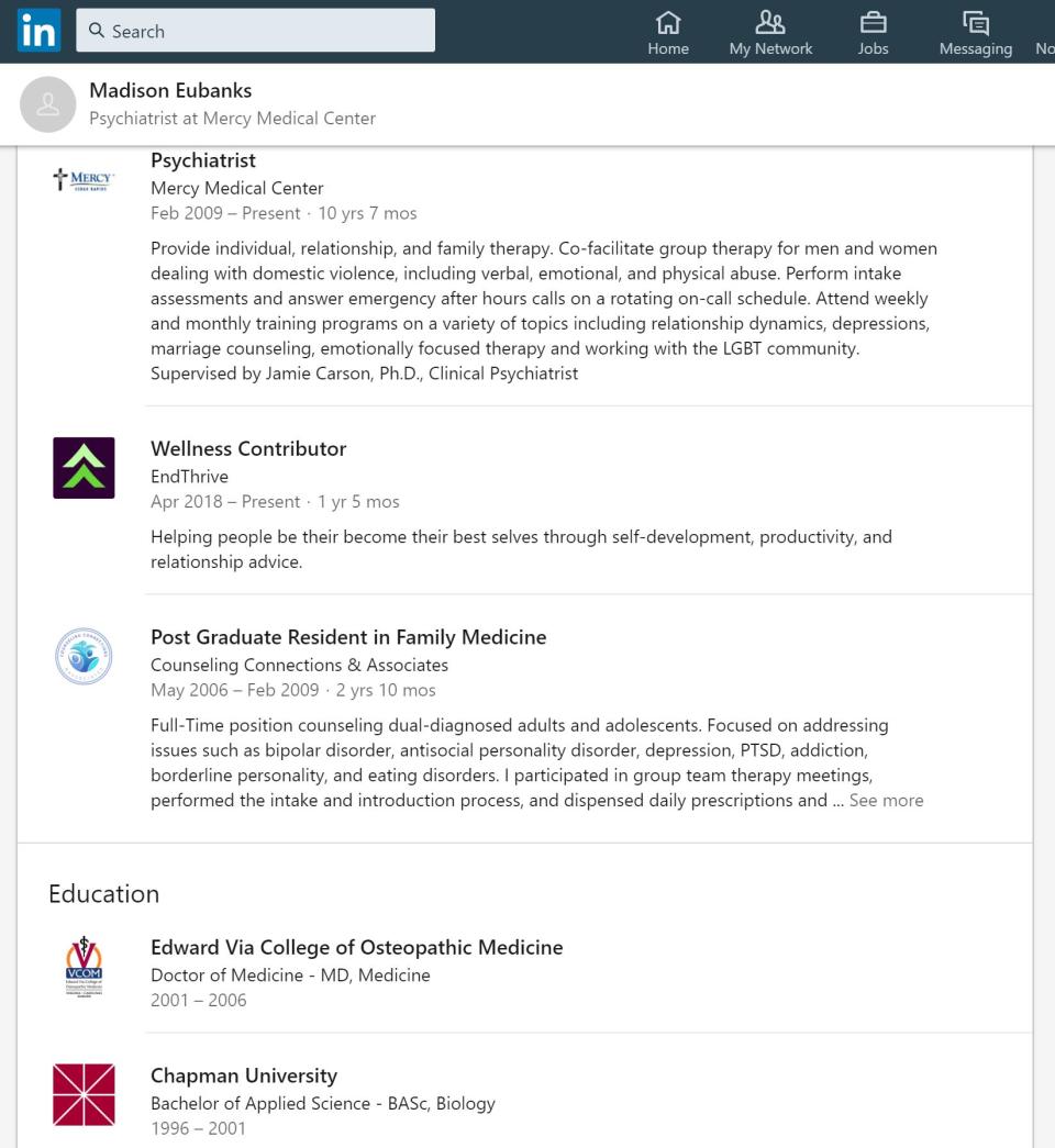 Eubank's LinkedIn profile before it was wiped. Mercy Medical Center didn't respond to our request for comment regarding Eubanks' employment. (Photo: HuffPost Life)