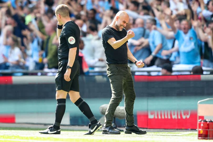 Guardiola celebrates after Gundogan scores to make it 2-1 during the 2023 FA Cup final