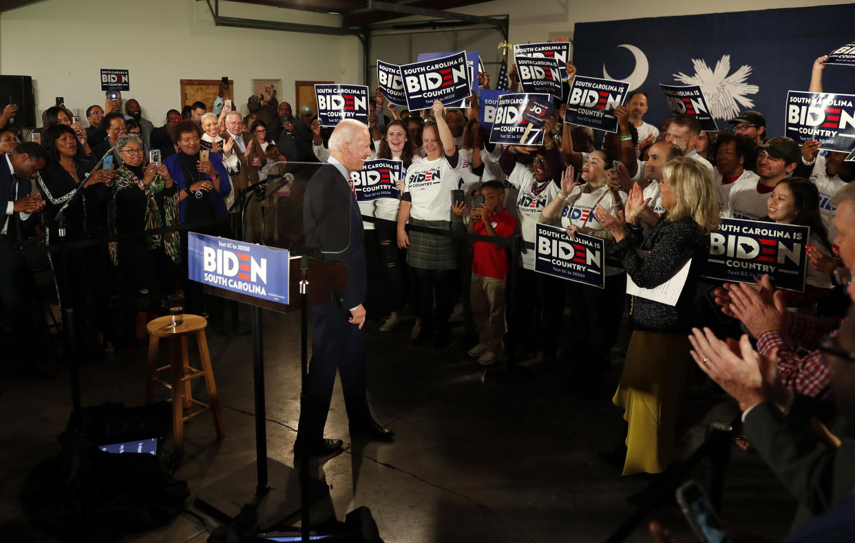 Former Vice President Joe Biden and his wife Jill arrive at a campaign rally on the night of the New Hampshire primary in Columbia, South Carolina on February 11, 2020. (Randall Hill/Reuters)