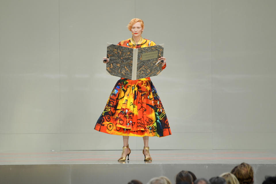 PARIS, FRANCE - JUNE 20: Tilda Swinton is seen on stage during the Karl Lagerfeld Homage at Grand Palais on June 20, 2019 in Paris, France. (Photo by Pascal Le Segretain/Getty Images)