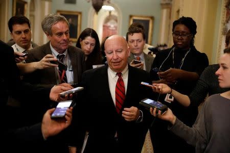 House Ways and Means Committee Chairman Kevin Brady (R-TX) speaks with the media as he arrives for the Republican policy luncheon on Capitol Hill in Washington, D.C., U.S., March 14, 2017. REUTERS/Aaron P. Bernstein