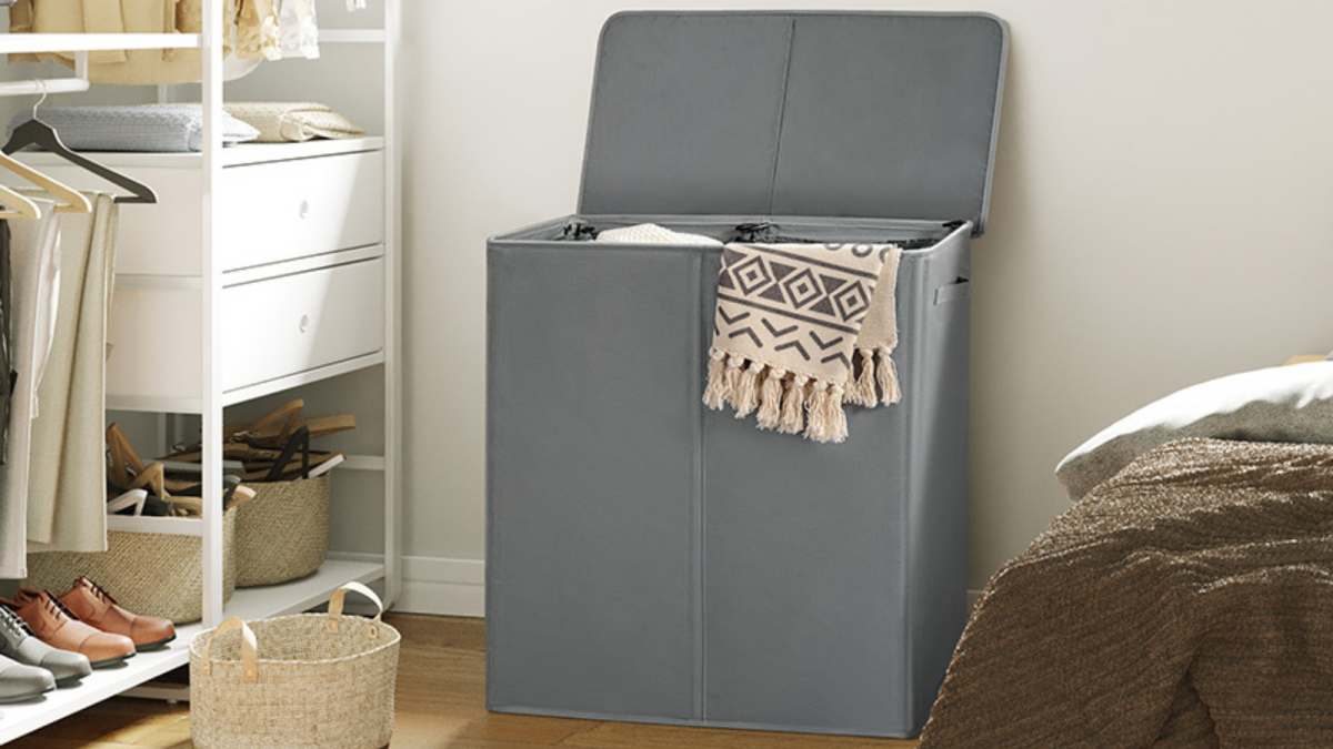 This double laundry basket – on sale for  – separates clothes for you