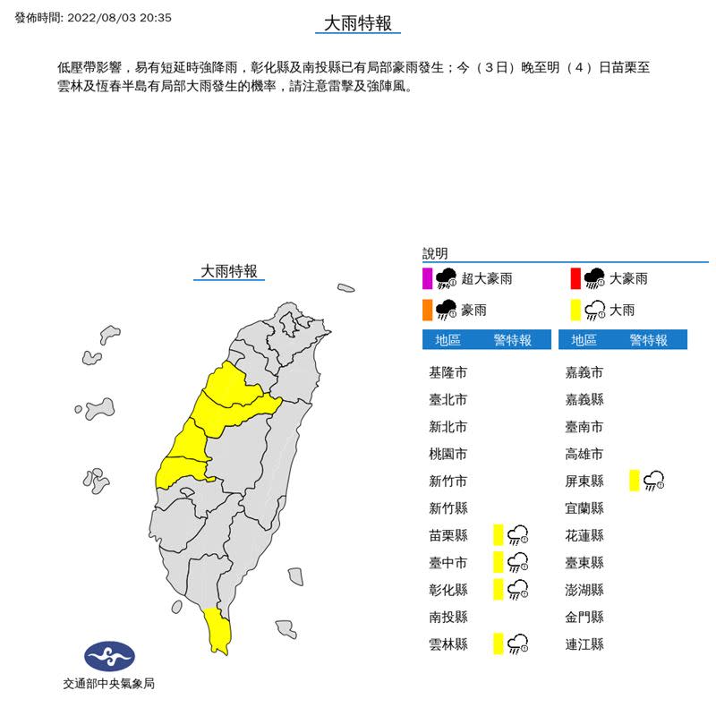 中央氣象局20時35分針對苗栗縣、臺中市、彰化縣、雲林縣、屏東縣5縣市，發布「大雨特報」。（圖／中央氣象局）