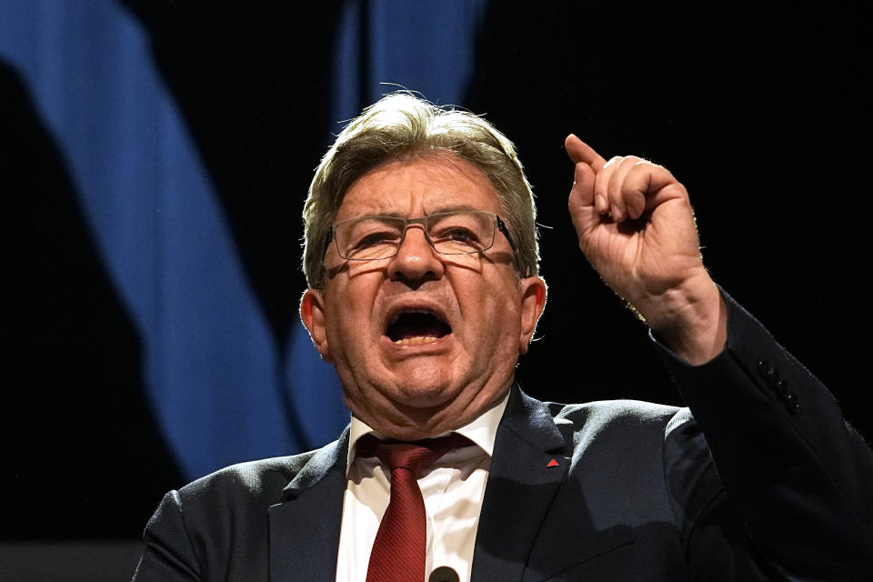 FILE - Hard-left leader Jean-Luc Melenchon delivers his speech in his election night headquarters, Sunday, June 19, 2022 in Paris. France's allies closely watched Sunday's elections that led Macron's alliance to win the most seats but lose its straight majority in the National Assembly. The situation makes French President Emmanuel Macron 's life significantly harder at home. Yet it is not expected to destabilize his international agenda in an immediate future. (AP Photo/Michel Euler, File)