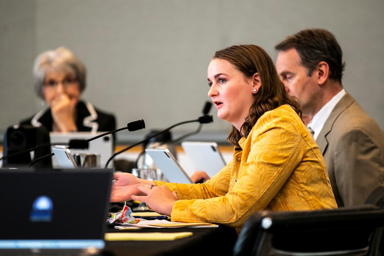 Regent Abby Crow asks a question while listening to a presentation during a meeting, Wednesday, June 14, 2023, at the Levitt Center for University Advancement in Iowa City, Iowa.