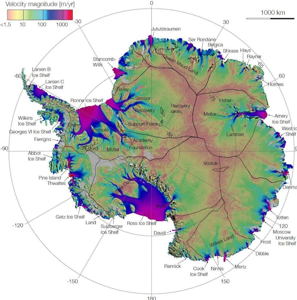 A map of Antarctica seen from above, most of it the ice sheet, shows the velocity of the ice flow ice. Thwaites Glacier is on the left. <a href="https://svs.gsfc.nasa.gov/3849" rel="nofollow noopener" target="_blank" data-ylk="slk:NASA's Goddard Space Flight Center Scientific Visualization Studio;elm:context_link;itc:0;sec:content-canvas" class="link ">NASA's Goddard Space Flight Center Scientific Visualization Studio</a>