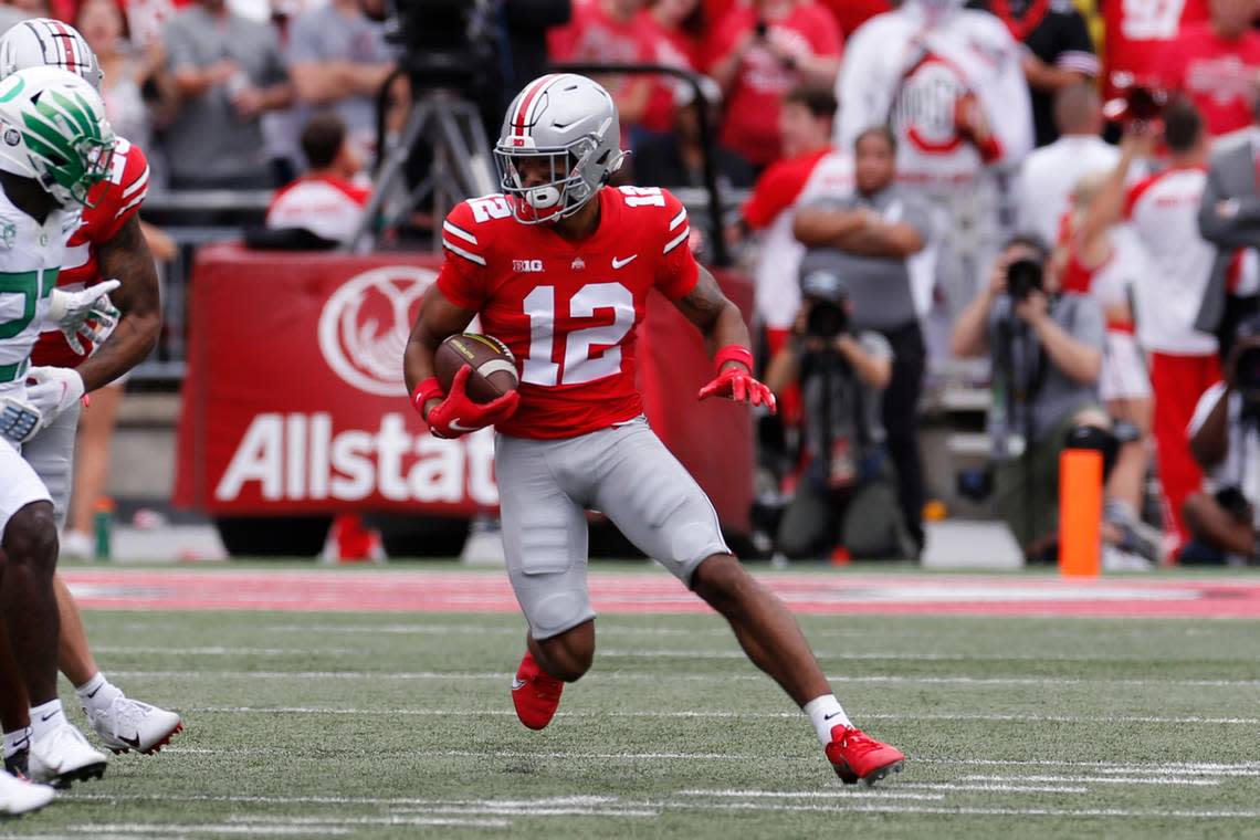 Ohio State receiver Emeka Egbuka plays against Oregon during an NCAA college football game Saturday, Sept. 11, 2021, in Columbus, Ohio. (AP Photo/Jay LaPrete)