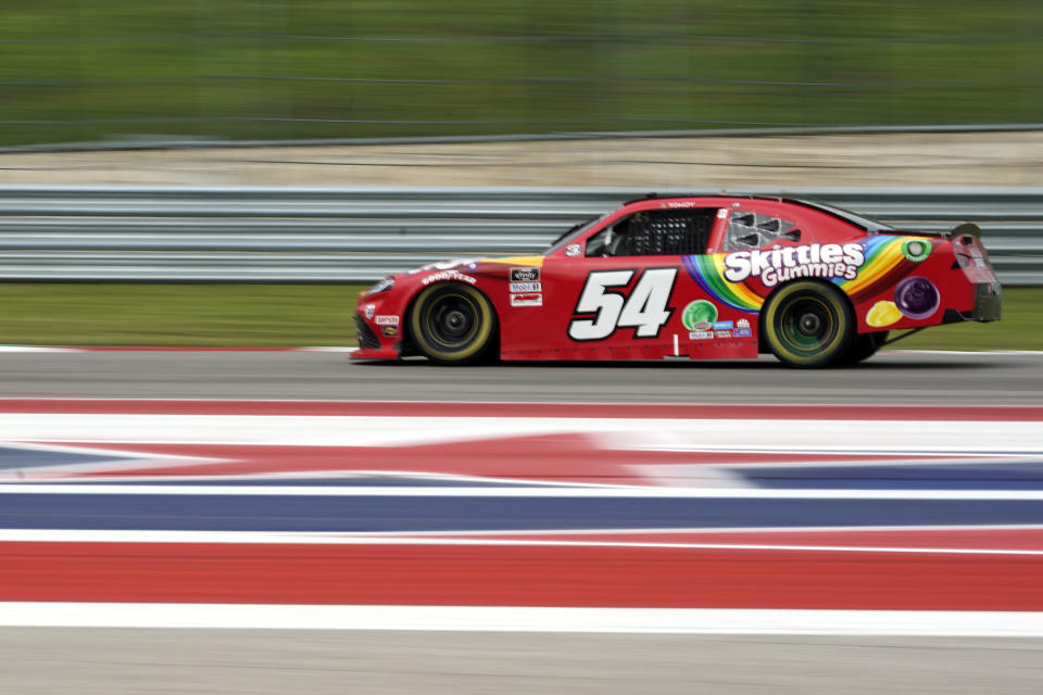 Kyle Busch (54) drives toward Turn 19 during the NASCAR Xfinity Series auto race at the Circuit of the Americas in Austin, Texas, Saturday, May 22, 2021. (AP Photo/Chuck Burton)