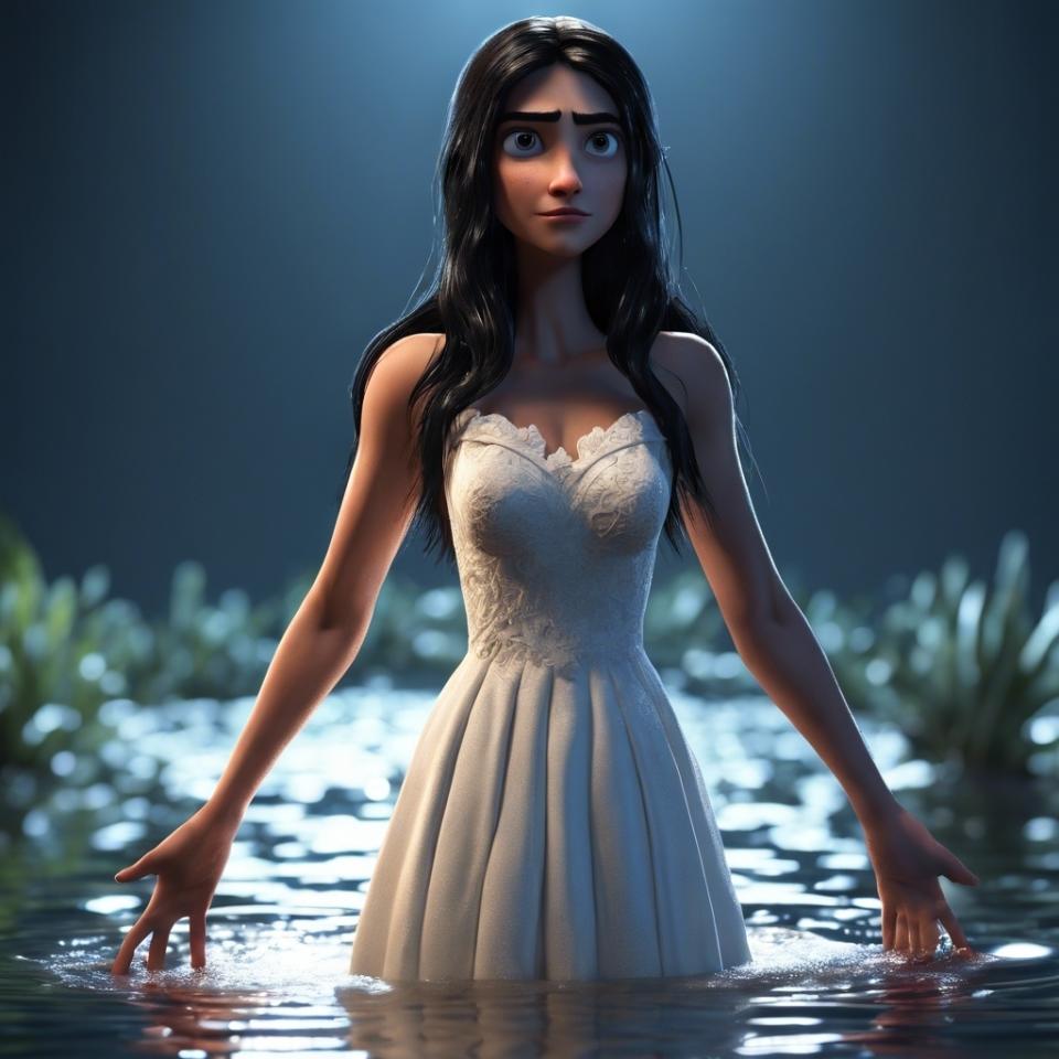 AI 3D rendering of Jennifer from Jennifer's Body as a pixar character, wearing a prom dress, standing with water up to her waist, brows slightly scrunched as if mad