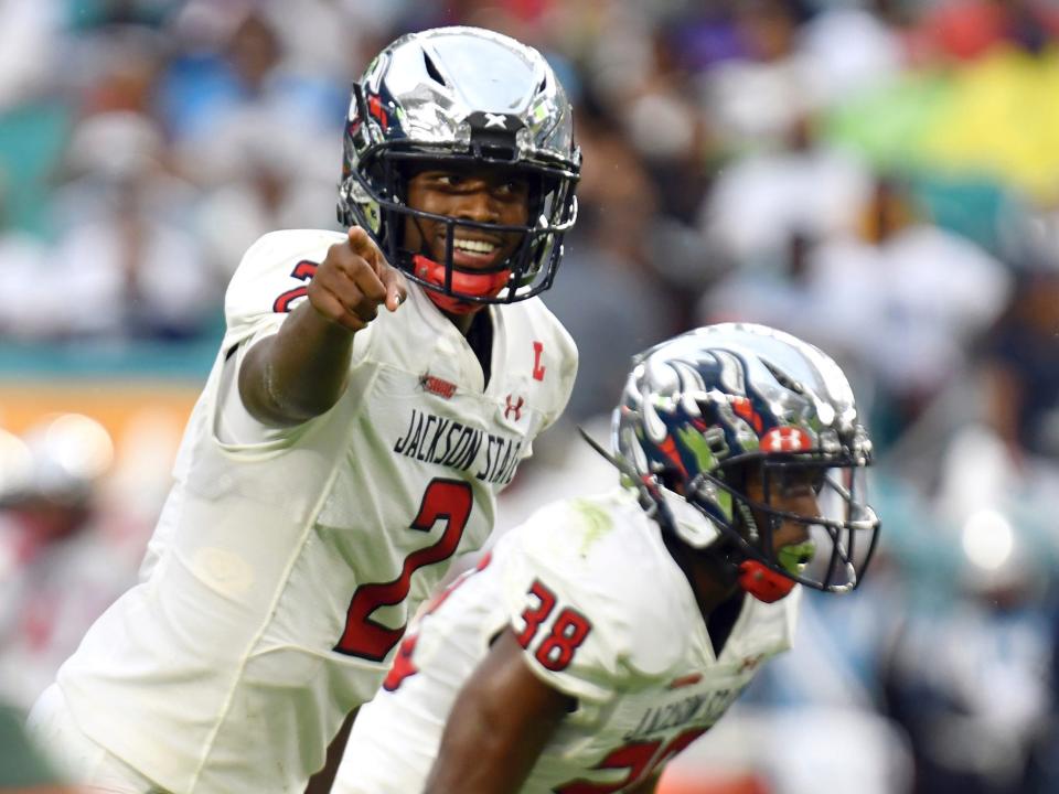 Jackson State quarterback Shedeur Sanders and running back Santee Marshall.