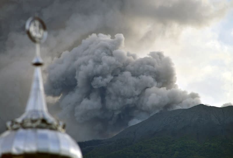 Mount Marapi volcano spews volcanic ash as seen from Nagari Batu Palano in Agam