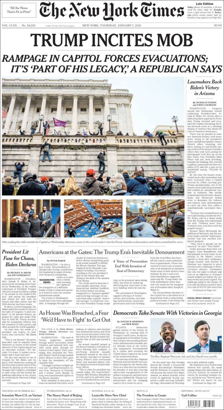 Front page of the New York Times on Thursday