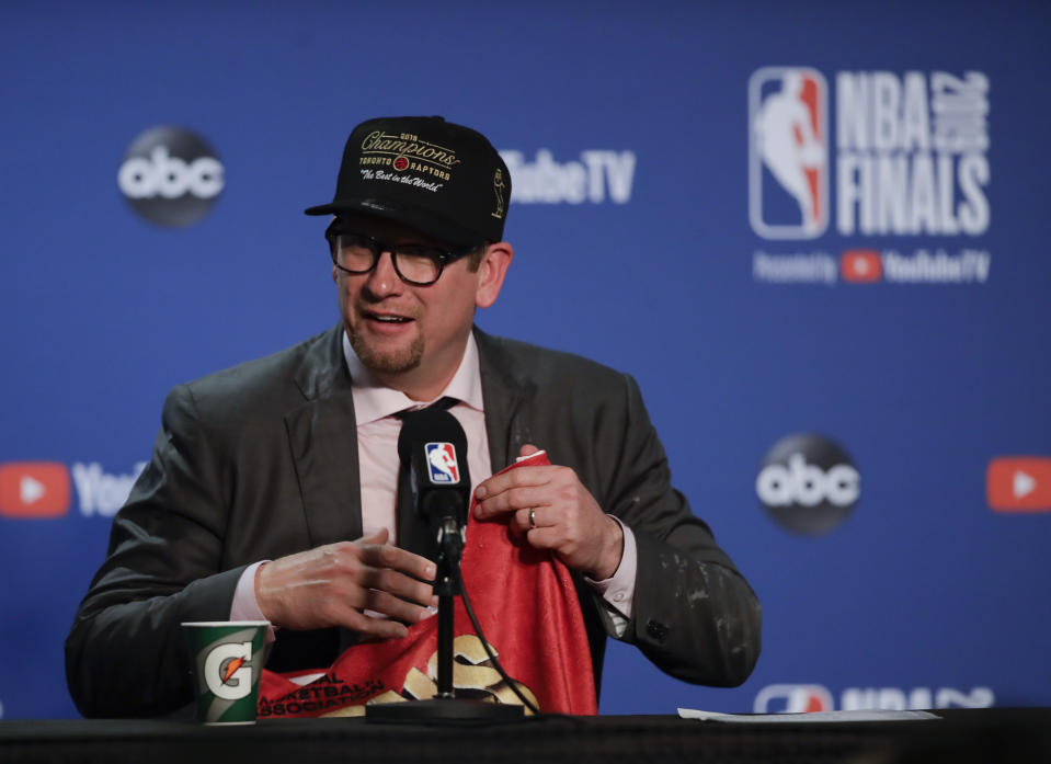 Toronto Raptors head coach Nick Nurse speaks at a news conference after the Raptors defeated the Golden State Warriors in Game 6 of basketball's NBA Finals in Oakland, Calif., Thursday, June 13, 2019. (AP Photo/Ben Margot)