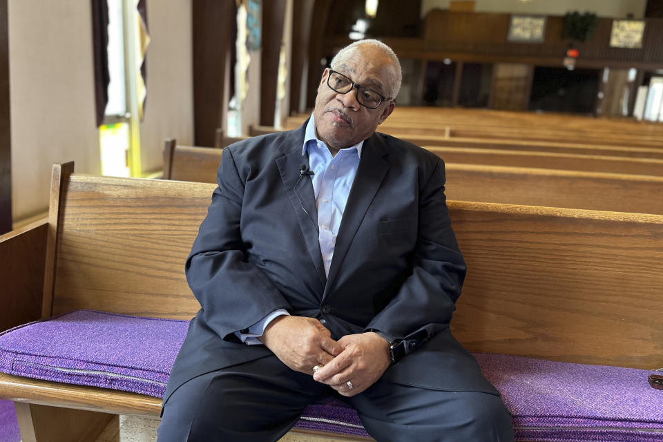 Bishop Hurley Coleman Jr. sits in his church on Tuesday, March 12, 2024, in Saginaw, Mich. President Joe Biden is expected to make a campaign visit to Saginaw on Thursday, and Coleman says "if there is a place in America that he can tell his story to a people that need to hear it, Saginaw is that typical place." (AP Photo/Mike Householder)