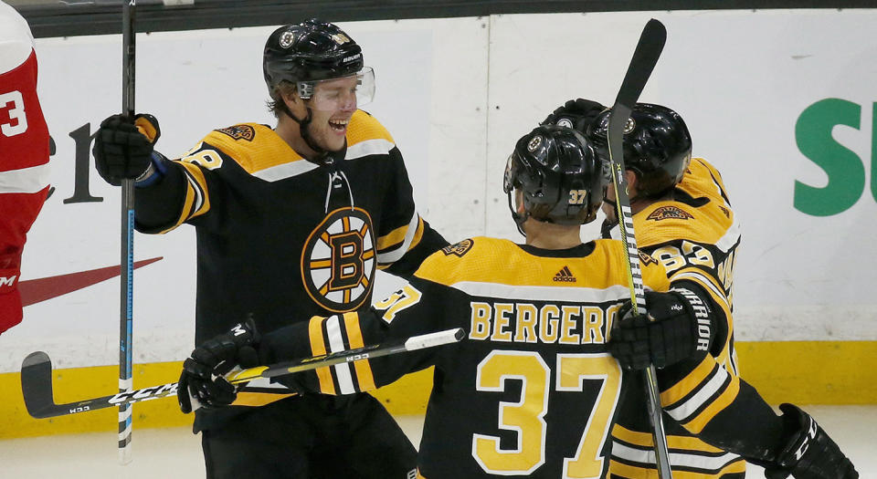 The Boston Bruins first line is insane. (Mary Schwalm/AP)