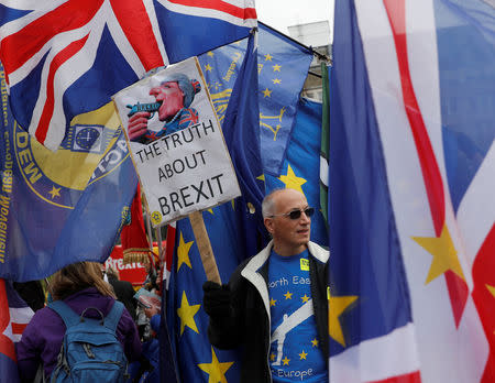 Protesters gather for an anti-Brexit demonstration on the first day of the Conservative Party Conference in Birmingham, Britain, September 30, 2018. REUTERS/Darren Staples