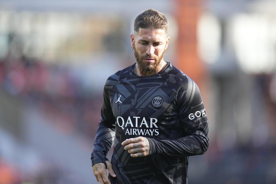 LORIENT, FRANCE - NOVEMBER 6:  Sergio Ramos warms up prior the French Ligue 1 match between Lorient and PSG (PARIS SAINT GERMAIN) at Stade du Moustoir on November 6, 2022 in Lorient, France. (Photo by Glenn Gervot/Icon Sportswire via Getty Images)