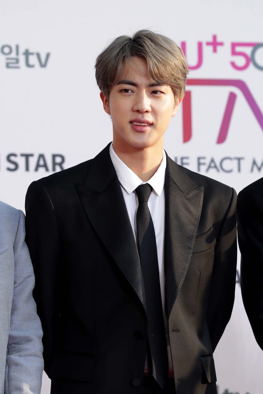 INCHEON, SOUTH KOREA - APRIL 24: Jin of boy band BTS attends the photocall for U Plus 5G 'The Fact Music Awards' on April 24, 2019 in Incheon, South Korea. (Photo by Han Myung-Gu/WireImage)