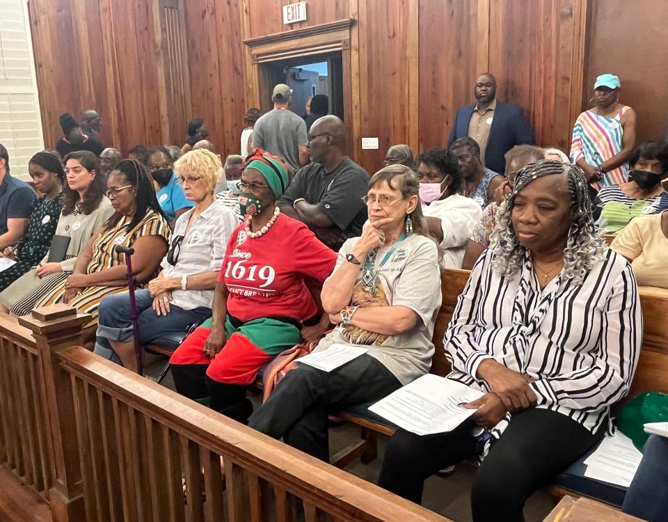 More than a hundred residents, many from Sapelo Island turned out for the McIntosh County Commission meeting on Tuesday, September 12, 2023 at the courthouse in Darien, Georgia to see the results of a vote for an amendment to allow larger houses in the historic Gullah Geechee community of Hog Hammock.
