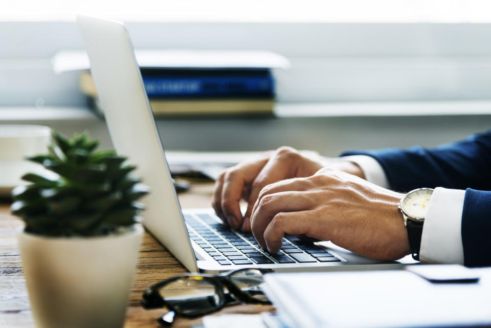 Business Man Hands Typing Laptop Concept