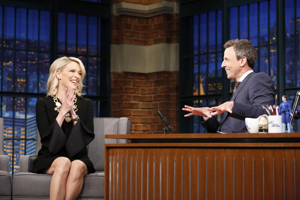 Megyn Kelly seemed delighted by Seth Meyers in 2017. Tuesday night? Not so much. (Photo: Lloyd Bishop/NBC/NBU Photo Bank)